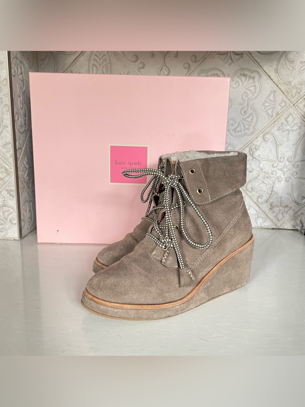 Kate Spade - “Areana” size 8- Women's Grey Suede Lace-Up Wedge Boots